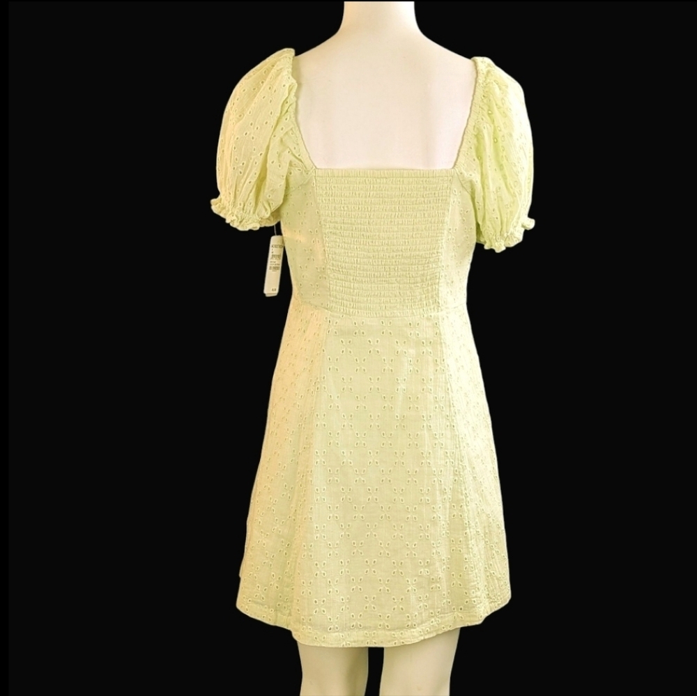 BP Eyelet Mini-Dress, Button Front Puffed Sleeves Lemon Lime Color - Picture 6 of 12